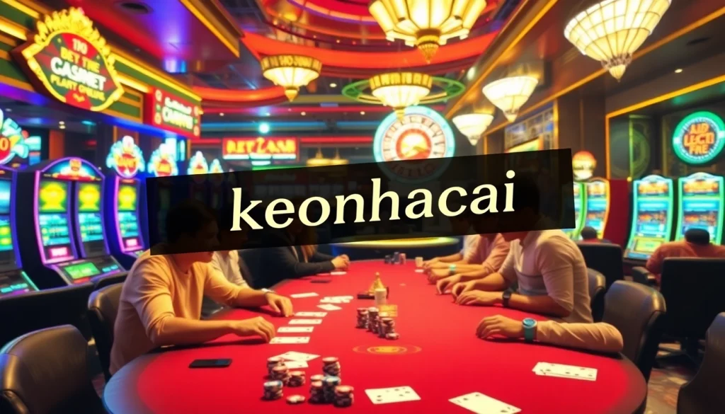 Engage with keonhacai through an exciting poker table scenario where players strategize their next moves in a lively casino atmosphere.