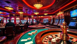 Experience the thrill of kèo nhà cái with lively casino tables, players rolling dice, and vibrant slot machines.