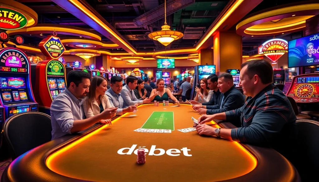 Experience the thrill of gambling at a poker table featuring debet branding amidst vibrant casino lights.