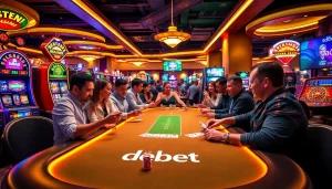 Experience the thrill of gambling at a poker table featuring debet branding amidst vibrant casino lights.