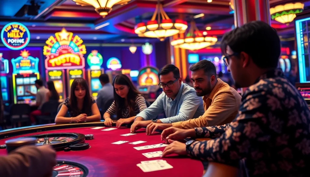 Players strategically examine cards at a top nhà cái uy tín poker table amidst vibrant casino ambiance.