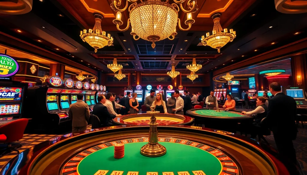Excited players enjoying a vibrant gambling experience at https://hb88bet.biz/ casino with roulette and poker games.