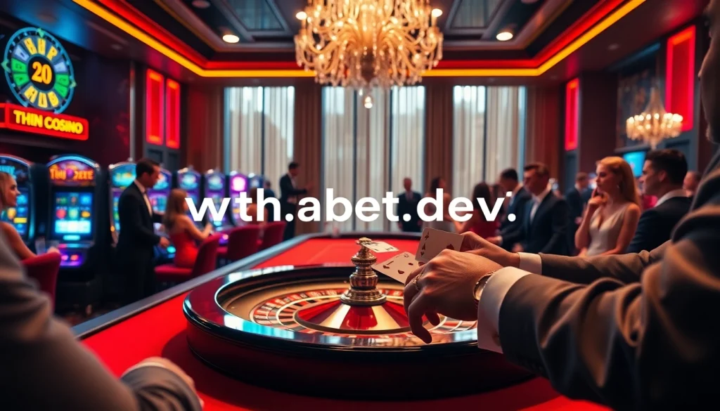 Experience the thrill of gambling at https://thabetcom.dev/ with a luxurious roulette table surrounded by enthusiastic players.