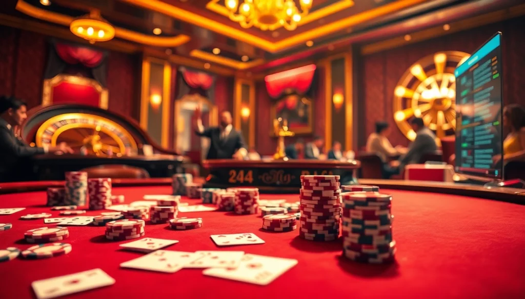 A vibrant casino scene showcasing 'Nhà cái uy tín' with elegant poker tables, chips, and digital interfaces.