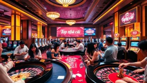 Top nhà cái reputations shine in a busy casino atmosphere filled with players at tables.