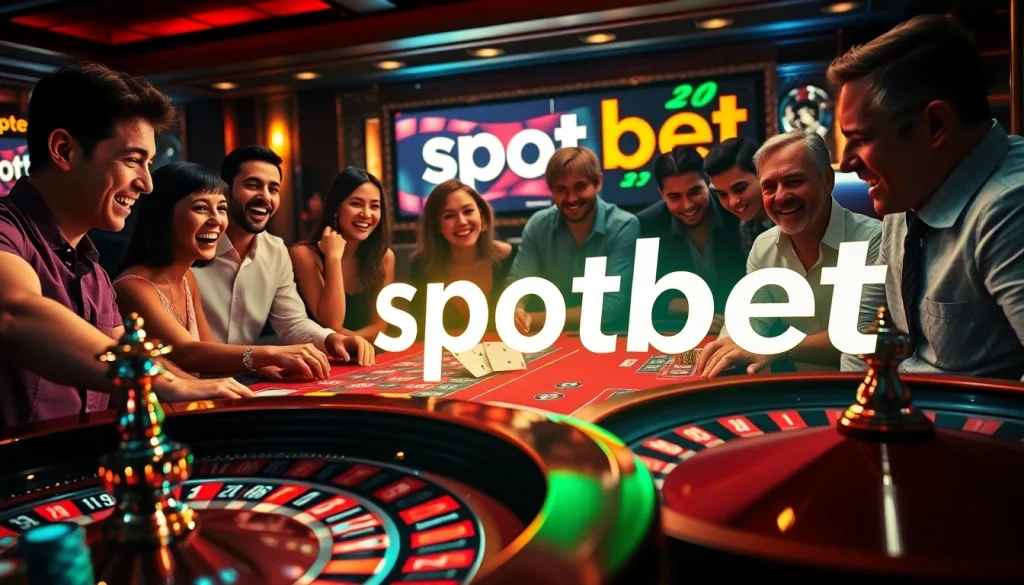 Spotbet features a thrilling scene of players engaged in a casino roulette game, surrounded by vibrant chips and cards.