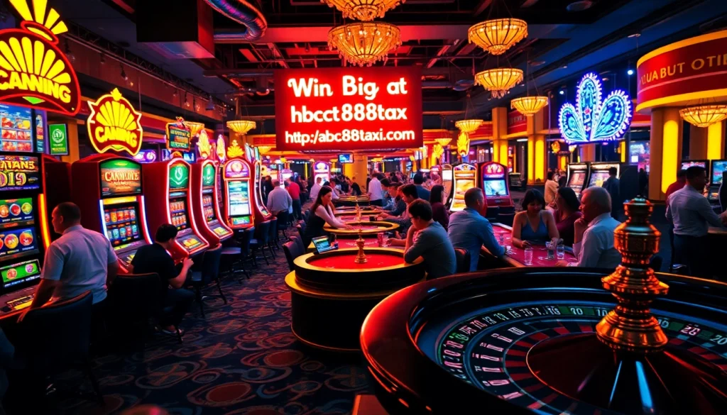 Experience the thrill of gambling with vibrant scenes from https://abc88taxi.com, featuring players at slot machines and poker tables.