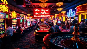 Experience the thrill of gambling with vibrant scenes from https://abc88taxi.com, featuring players at slot machines and poker tables.