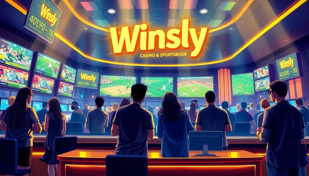 Experience the thrill of sports betting at Winsly Casino with vibrant patrons enjoying live events.