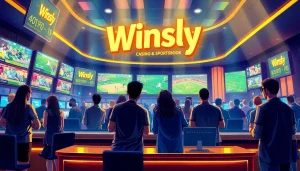 Experience the thrill of sports betting at Winsly Casino with vibrant patrons enjoying live events.