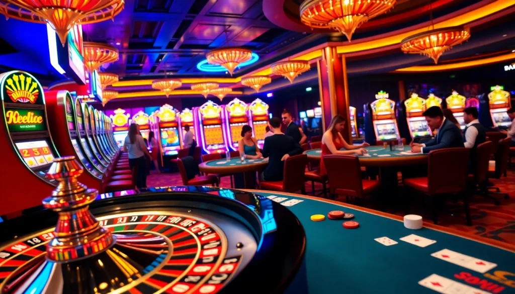 Players enjoying the high-energy casino ambiance with roulette and slots at https://thabet7.biz/.