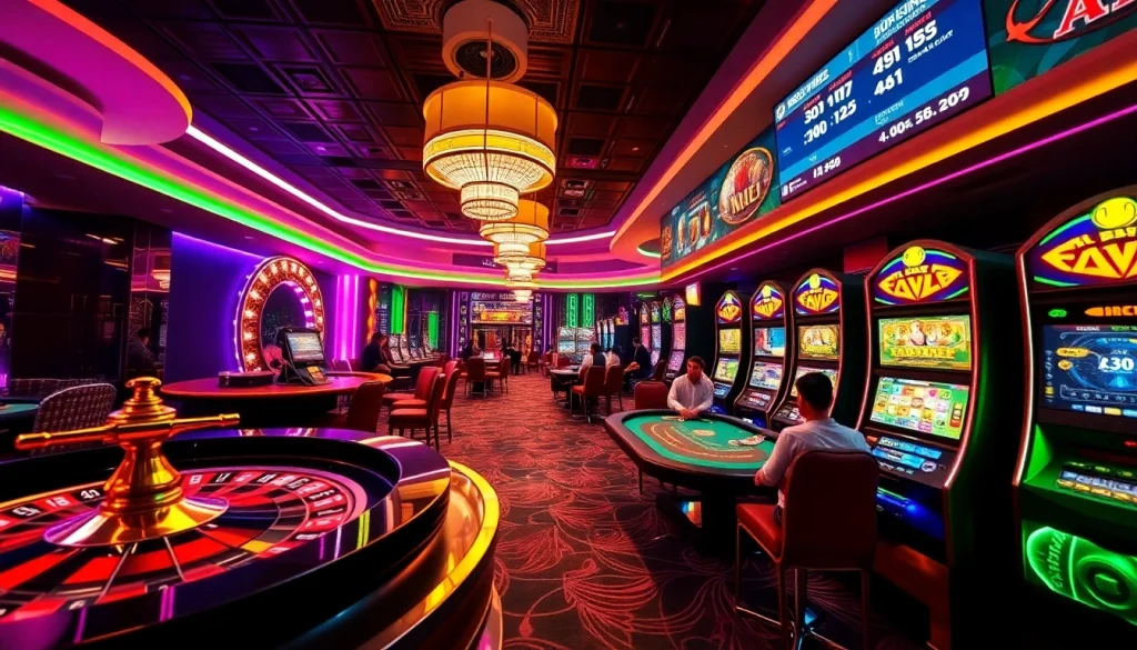 E2BET players celebrating wins at vibrant casino tables showcasing roulette wheels and blackjack games.