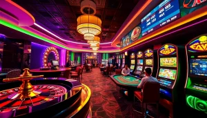 E2BET players celebrating wins at vibrant casino tables showcasing roulette wheels and blackjack games.