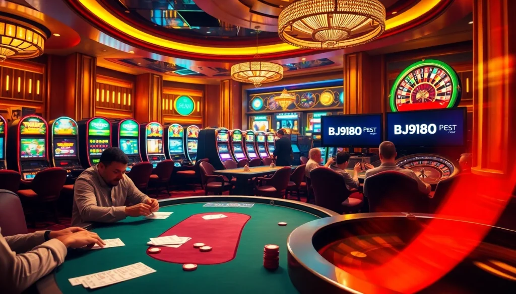 Experience the thrill of BJ88 đăng nhập at a vibrant casino with poker tables and slot machines.