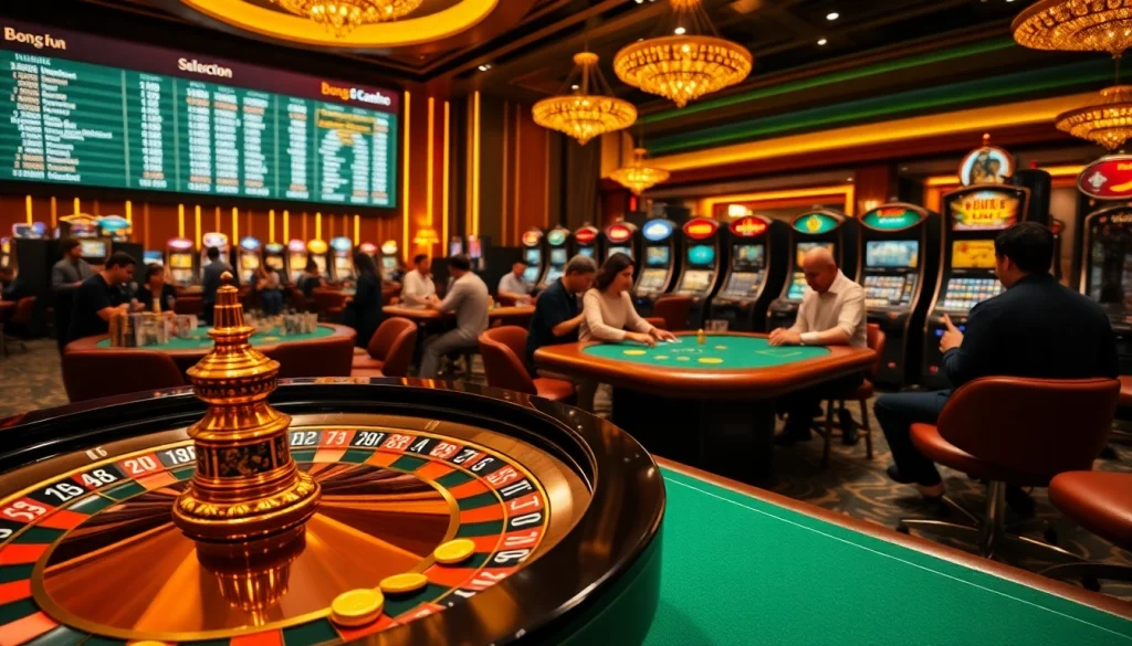 Experience the thrill of "bong da lu fun" at a luxurious casino with energized players at poker tables and roulette wheels spinning.