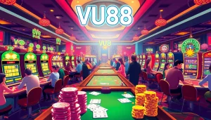 Players enjoying a high-stakes game at VU88 casino tables filled with excitement.