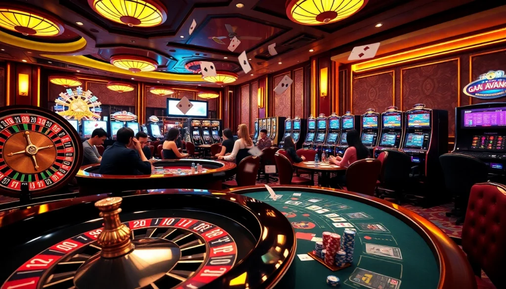 Gà Vàng TV brings the excitement of casino games alive with vibrant scenes from roulette and poker tables.