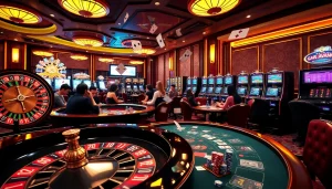 Gà Vàng TV brings the excitement of casino games alive with vibrant scenes from roulette and poker tables.