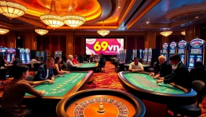 Casino gaming scene at https://69vn.me.uk/ showing players at dynamic tables with poker chips and roulette wheels.