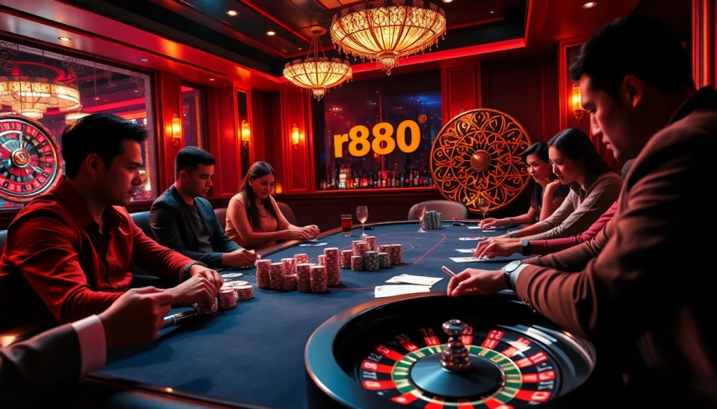 Gambling excitement at a high-stakes poker table featuring rr888 chips and cards.