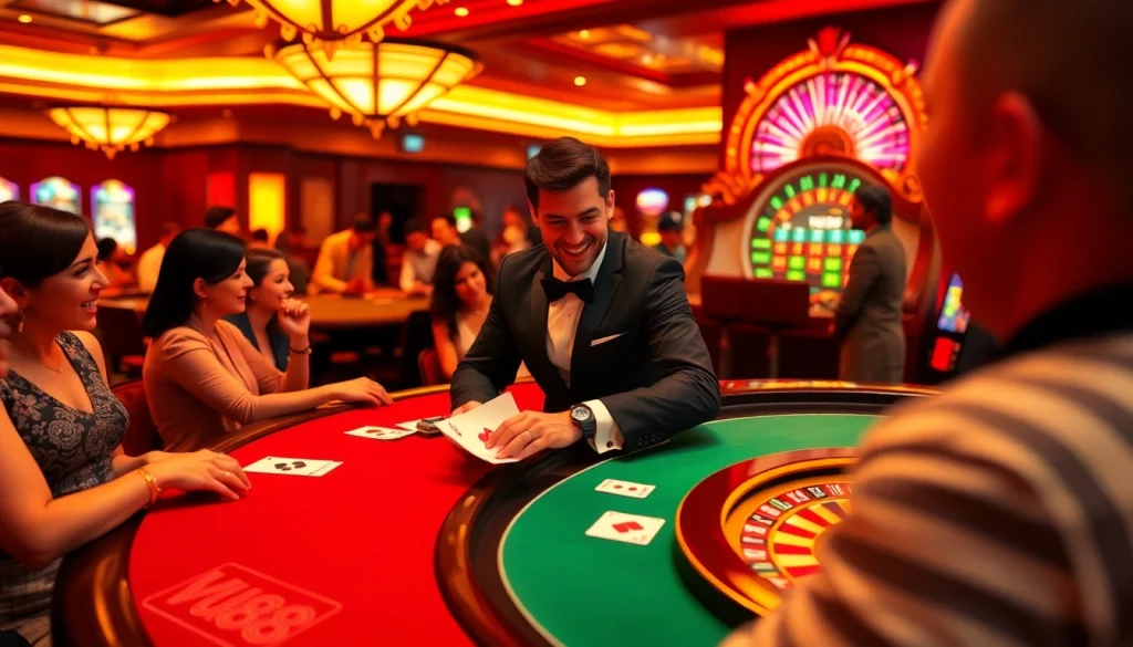 Experience VU88 at a lively blackjack table in an opulent casino setting filled with excitement and vibrant gaming colors.