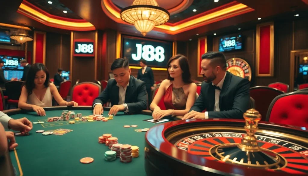 J88 đăng nhập offers an immersive casino experience with players at a poker table amidst lively gambling action and digital displays.