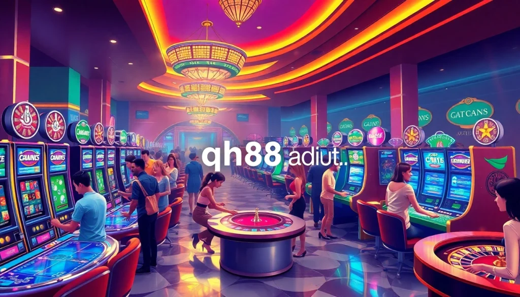 Experience the excitement at QH88.adult with players engaged in slot machines and poker tables.