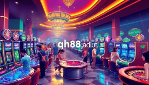 Experience the excitement at QH88.adult with players engaged in slot machines and poker tables.