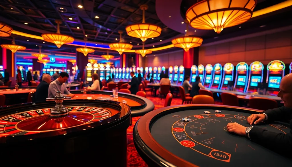 Experience the thrill of bong da lu fun at the casino, with players engaged in roulette and blackjack, capturing gaming excitement.