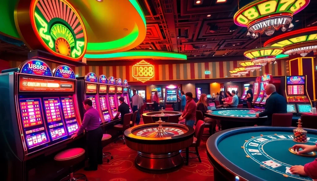 Engage in thrilling table games at U888's vibrant casino floor filled with slot machines and roulette.