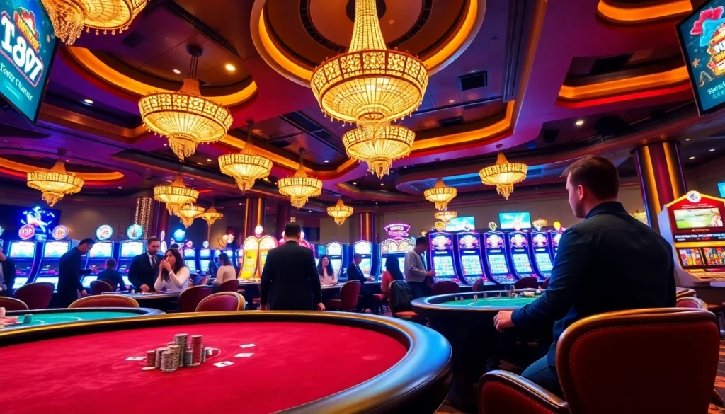 Exciting gambling action at https://78winone.com/ showcasing players at roulette and poker tables in a vibrant casino.