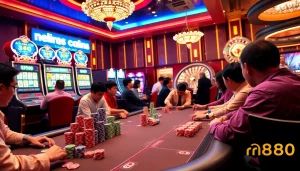 Experience the thrill of gambling at rr888's poker table surrounded by vibrant chips and flashing slot machines.