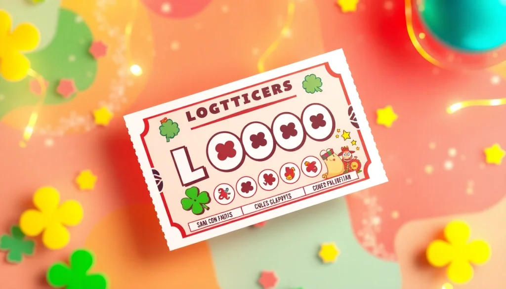 Exciting lottery ticket featuring symbols of luck and cash prizes in a vibrant setting.