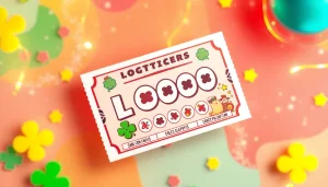 Exciting lottery ticket featuring symbols of luck and cash prizes in a vibrant setting.