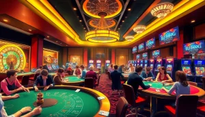 Dive into the excitement at bj88 com with players enjoying thrilling blackjack games surrounded by vibrant tables and gleaming slot machines.