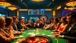 Action-packed เสือมังกร gameplay with players placing bets at a luminous casino table.