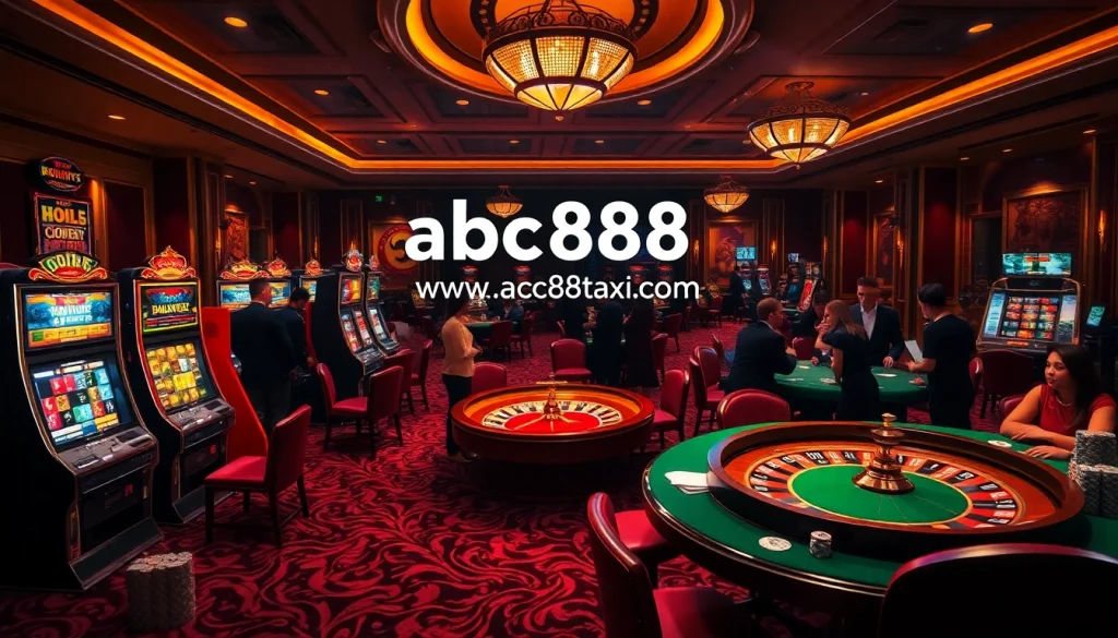 Explore the lively casino scene at https://abc88taxi.com with vibrant slot machines and roulette wheels, showcasing excitement!
