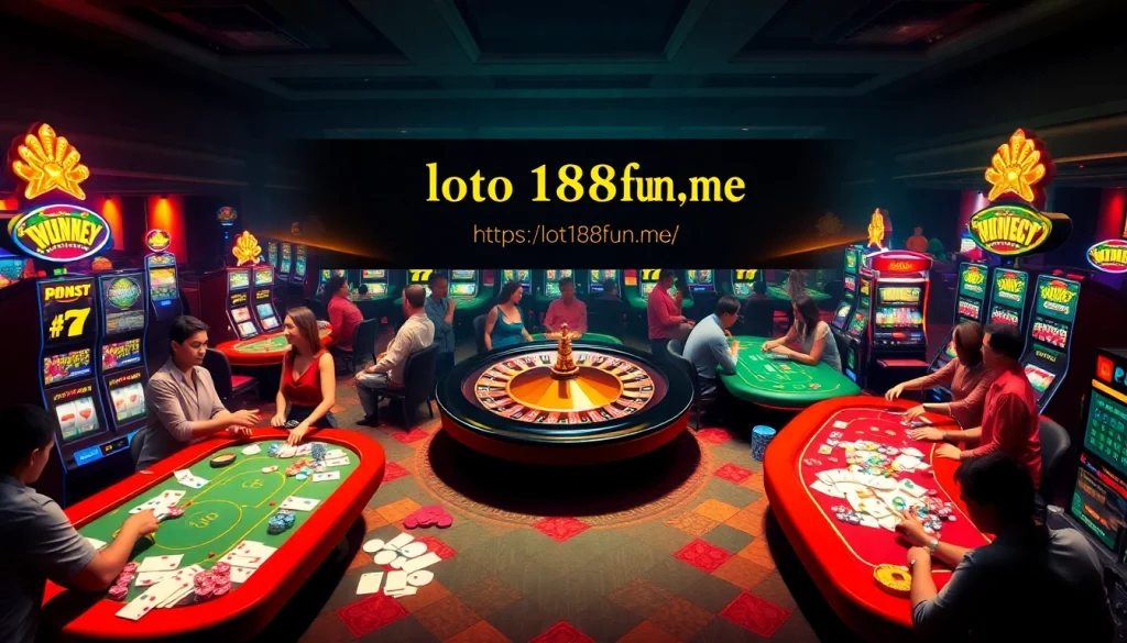 Experience thrilling gambling at https://loto188fun.me/ with vibrant casino tables and excited players enjoying poker and roulette.