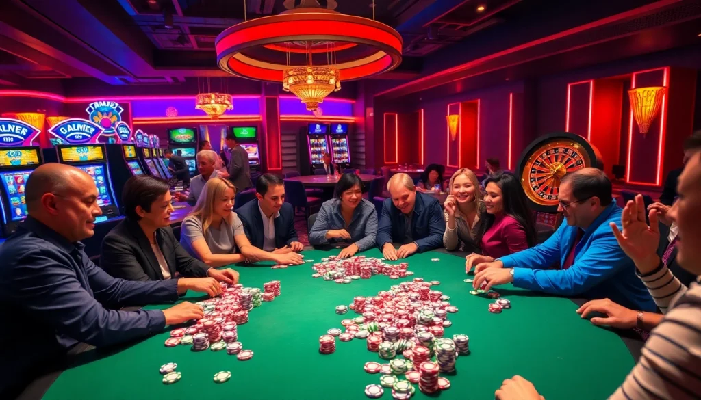 Experience the thrill of high-stakes poker at https://loto188fun.me/ featuring vibrant tables, cheers, and colorful chips.