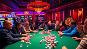 Experience the thrill of high-stakes poker at https://loto188fun.me/ featuring vibrant tables, cheers, and colorful chips.