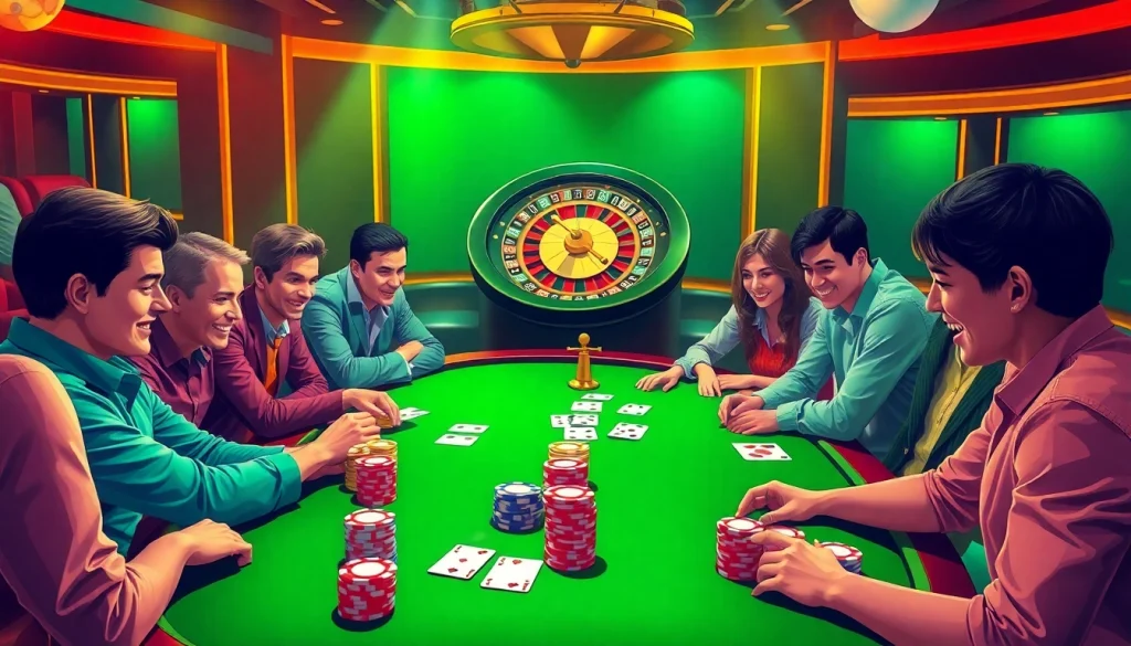 Players experiencing the thrill of poker in a lively casino, with gameplay elements at https://68gamebai.download/.
