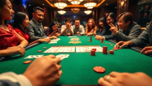 Intense เสือมังกร game at a luxury casino table with vibrant chips and eager players.
