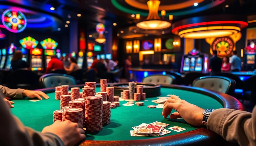 Players compete at a poker table in a vibrant casino setting at https://loto188fun.me/, showcasing excitement and strategy in gambling.