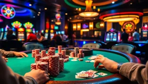 Players compete at a poker table in a vibrant casino setting at https://loto188fun.me/, showcasing excitement and strategy in gambling.