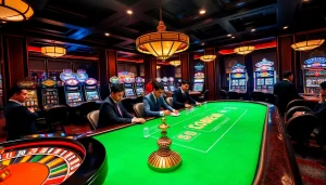 Engage with exciting games at BET88 COM, showcasing a captivating poker table in a luxurious casino setting.
