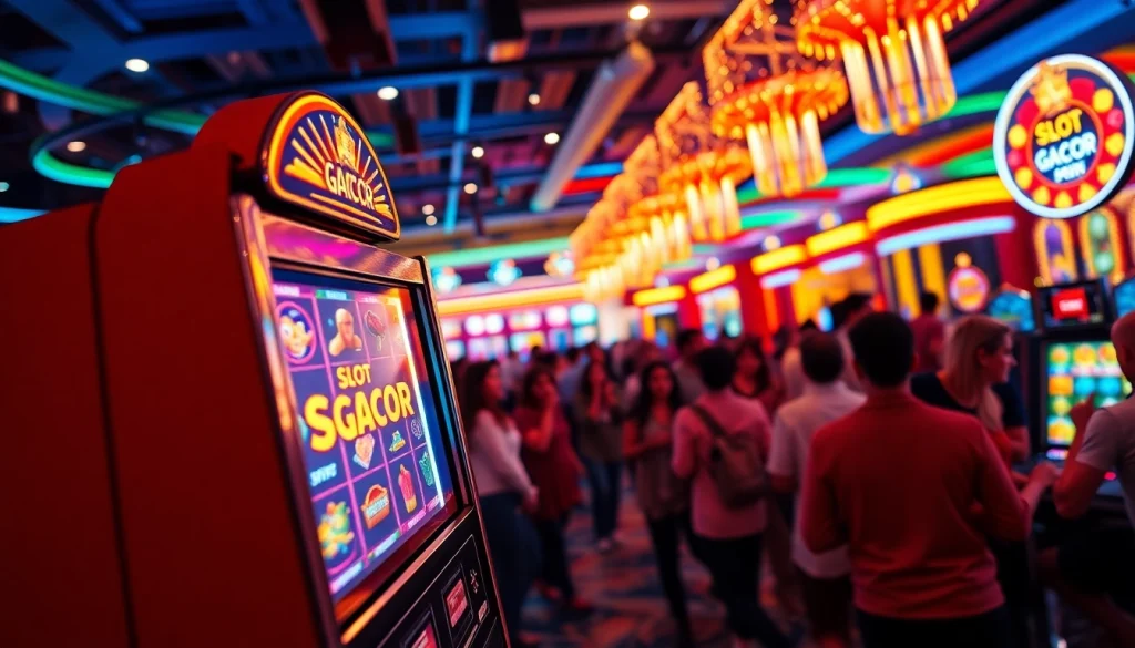 Exciting scene of a slot gacor machine attracting enthusiastic players in a vibrant casino setting.