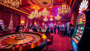 At 78winni.net, experience excitement with players at a roulette table, vibrant chips, and slot machines in a luxurious casino.