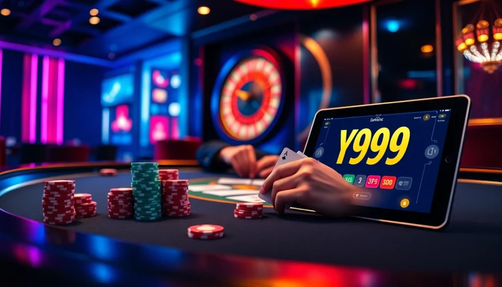 Dive into the thrilling world of the Y999 Game featuring intense poker action and vibrant casino ambiance.