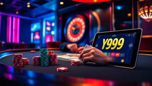 Dive into the thrilling world of the Y999 Game featuring intense poker action and vibrant casino ambiance.