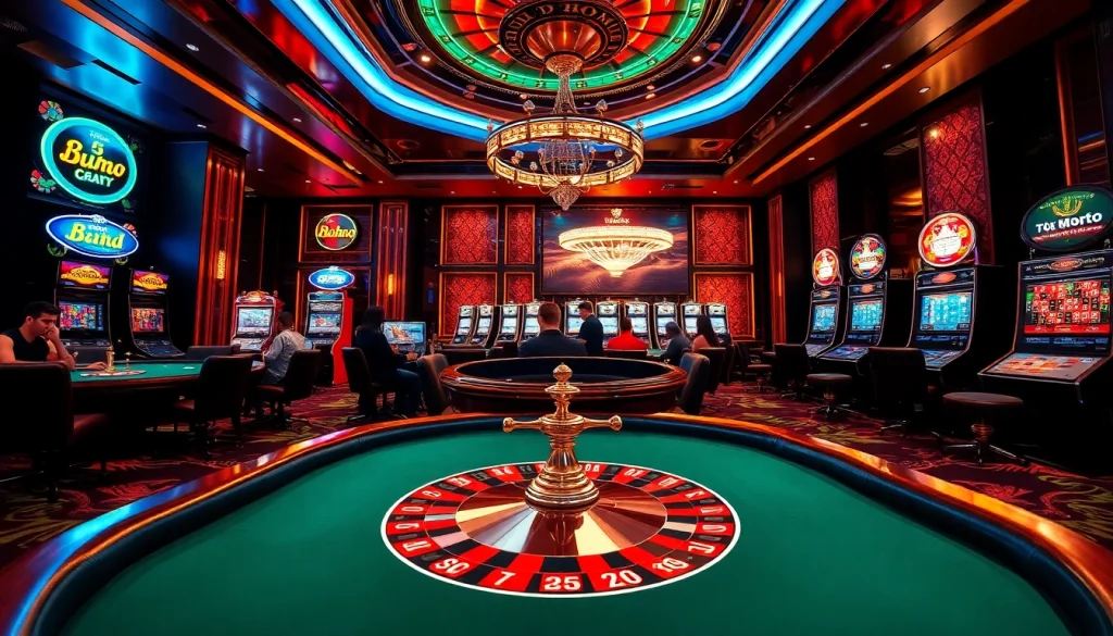 Exciting BJ88 thomo online gambling scene featuring players at a poker table and vibrant slot machines.